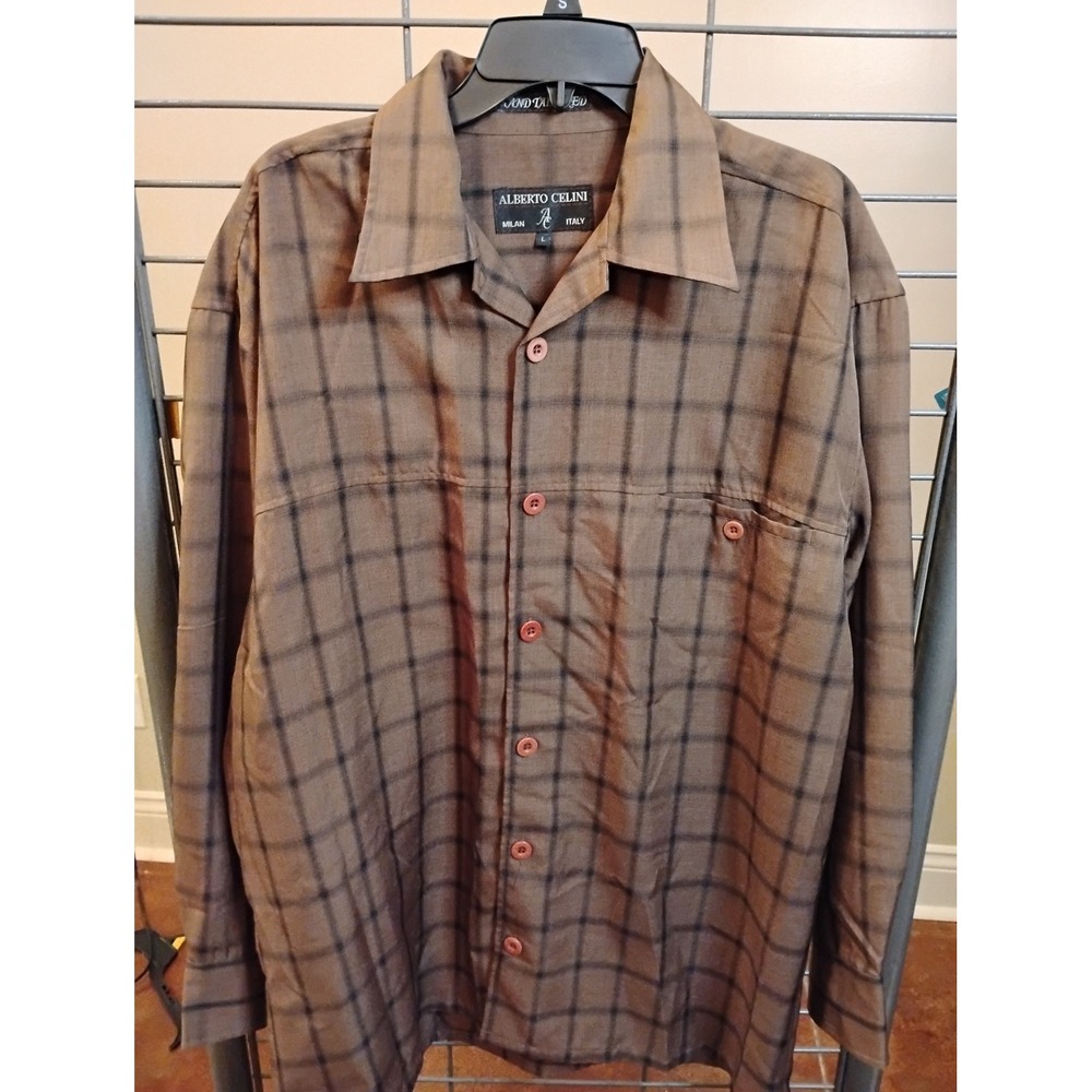 Alberto Celini Milan Italy Brown Plaid  Button Down Shirt Mens L